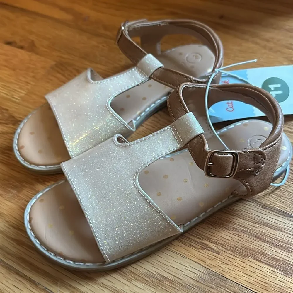 Girls Cat & Jack Summer Sandal Shoe Flat Gold Tan Glitter Shimmer Size 11 NWT